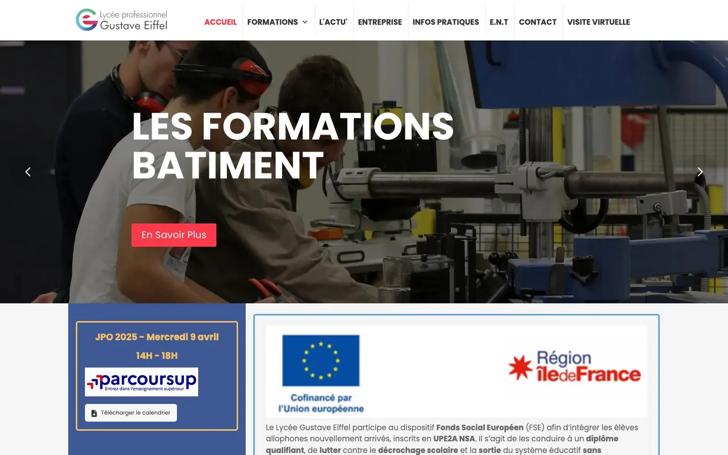 The website of Lycée professionnel Gustave Eiffel