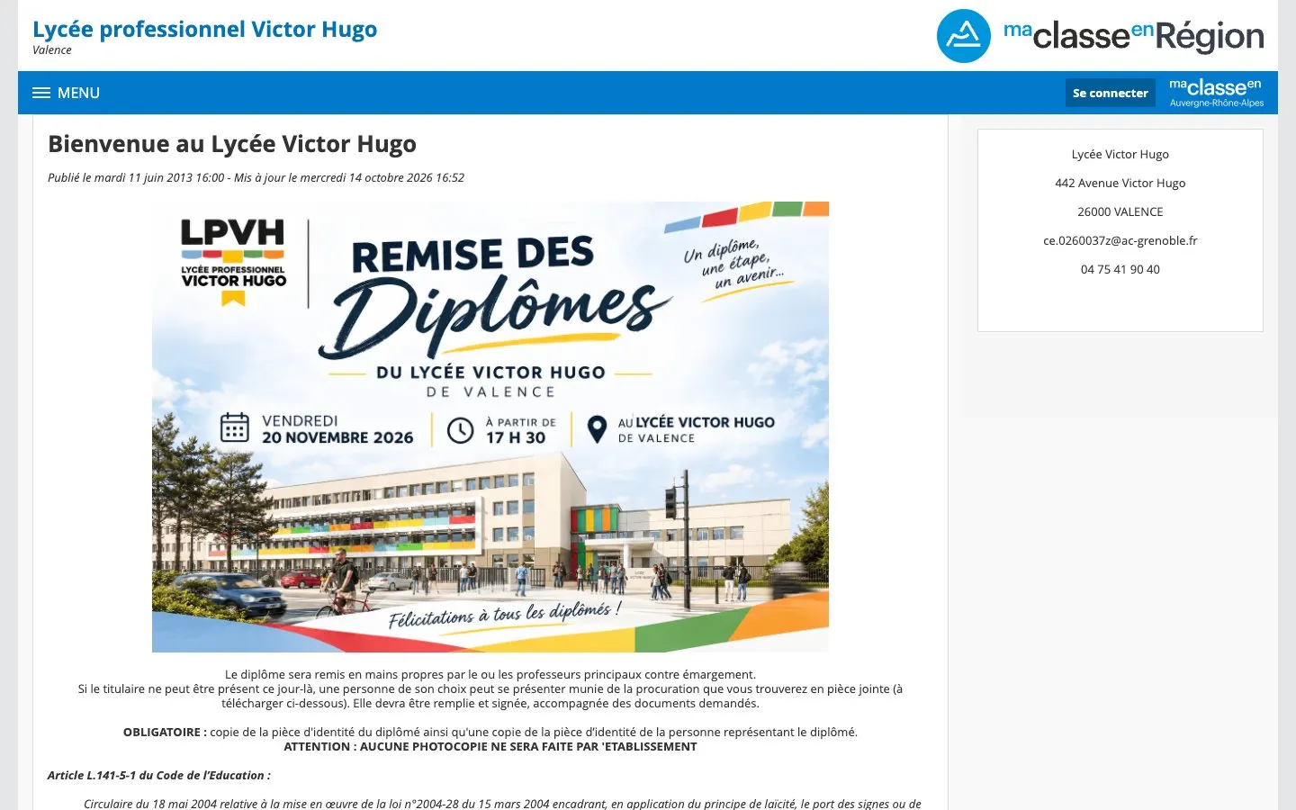 الموقع الإلكتروني لـ Lycée professionnel Victor Hugo