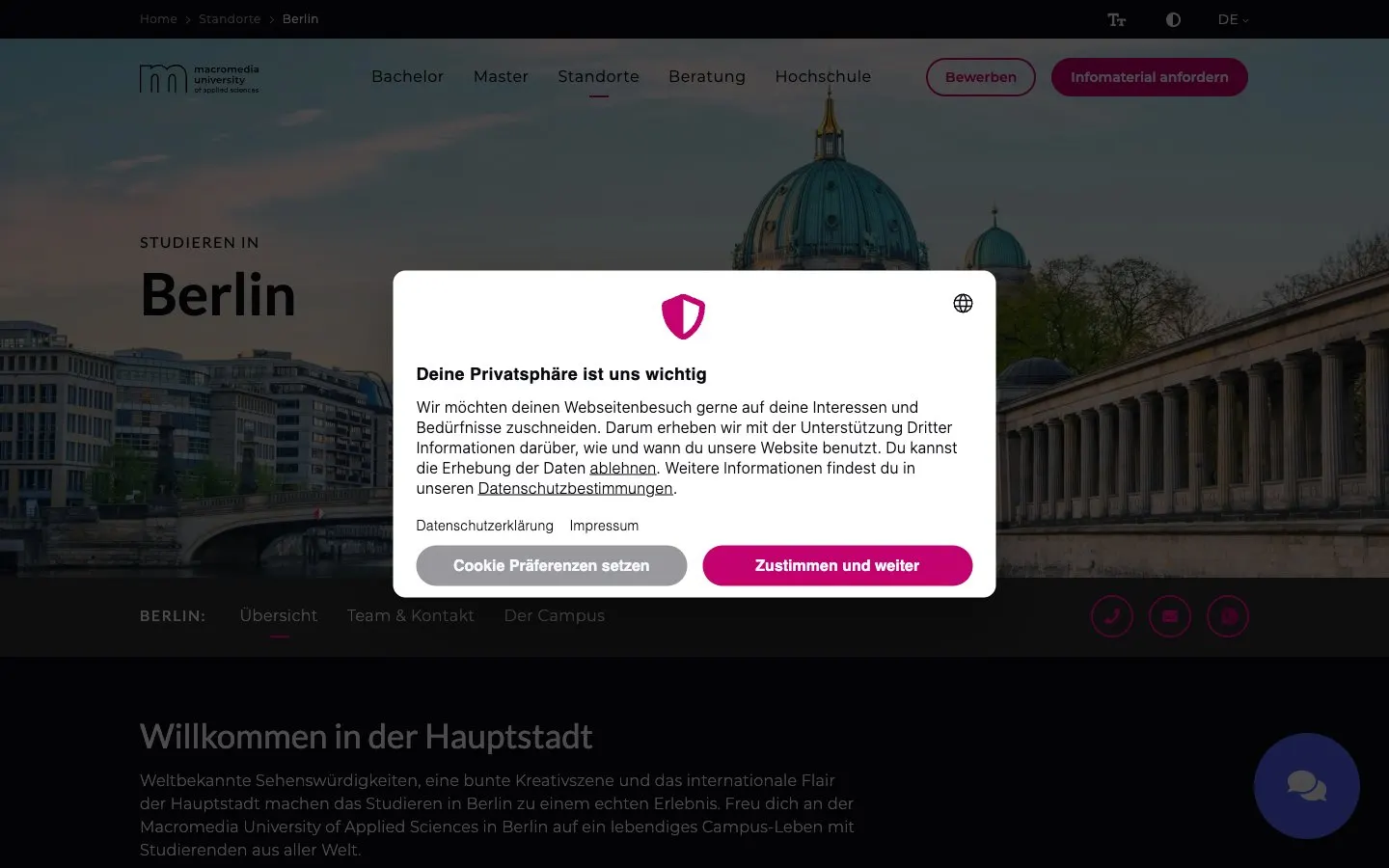 The website of Macromedia University – Modedesign Berlin