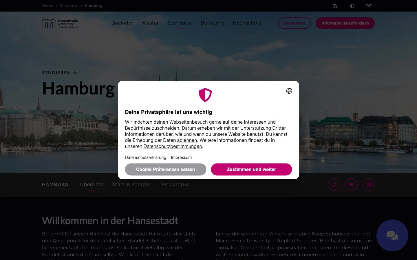 The website of Macromedia University – Modedesign Hamburg
