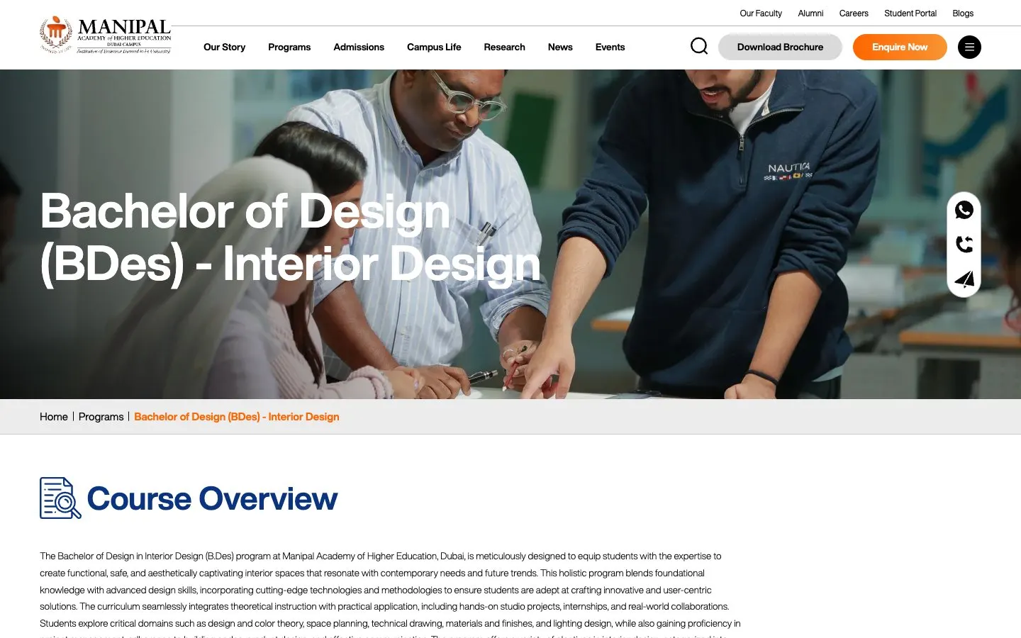 The website of Manipal Academy of Higher Education Dubai – B.Des Interior Design