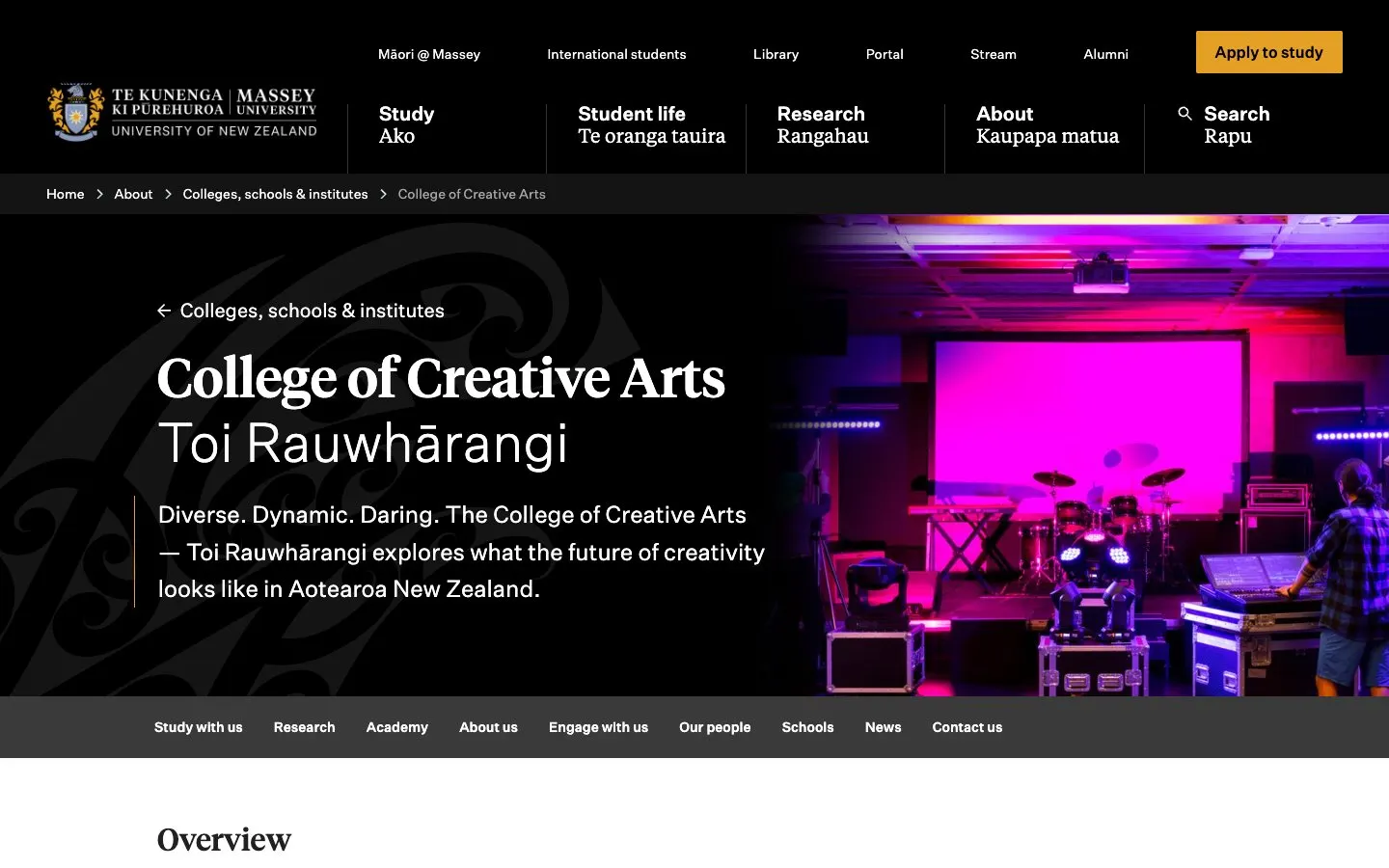 The website of Massey University – College of Creative Arts (Toi Rauwhārangi)