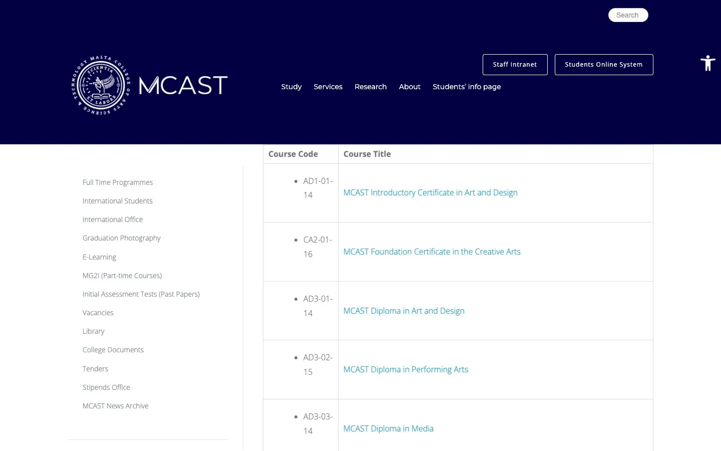 The website of MCAST Institute for the Creative Arts