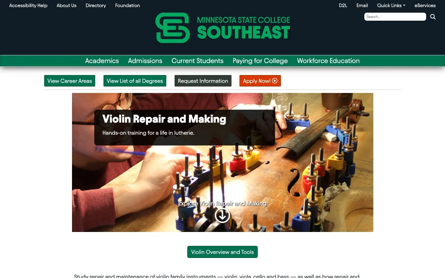 The website of Minnesota State College Southeast – Musical Instrument Repair (Red Wing)