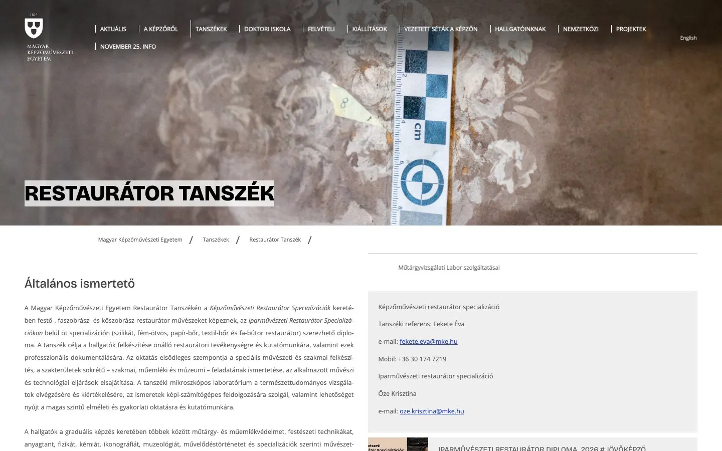 The website of MKE – Restaurátor Tanszék