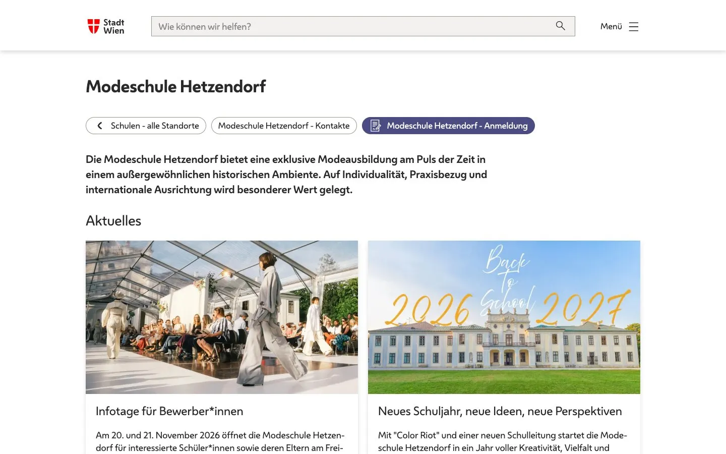 الموقع الإلكتروني لـ Modeschule Hetzendorf