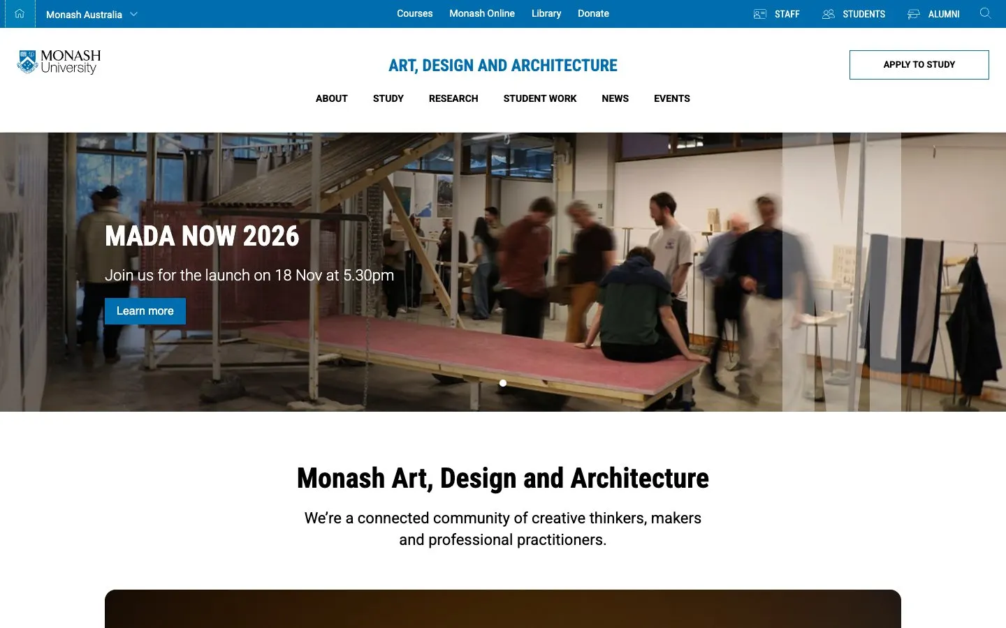 The website of Monash Art, Design and Architecture (MADA)