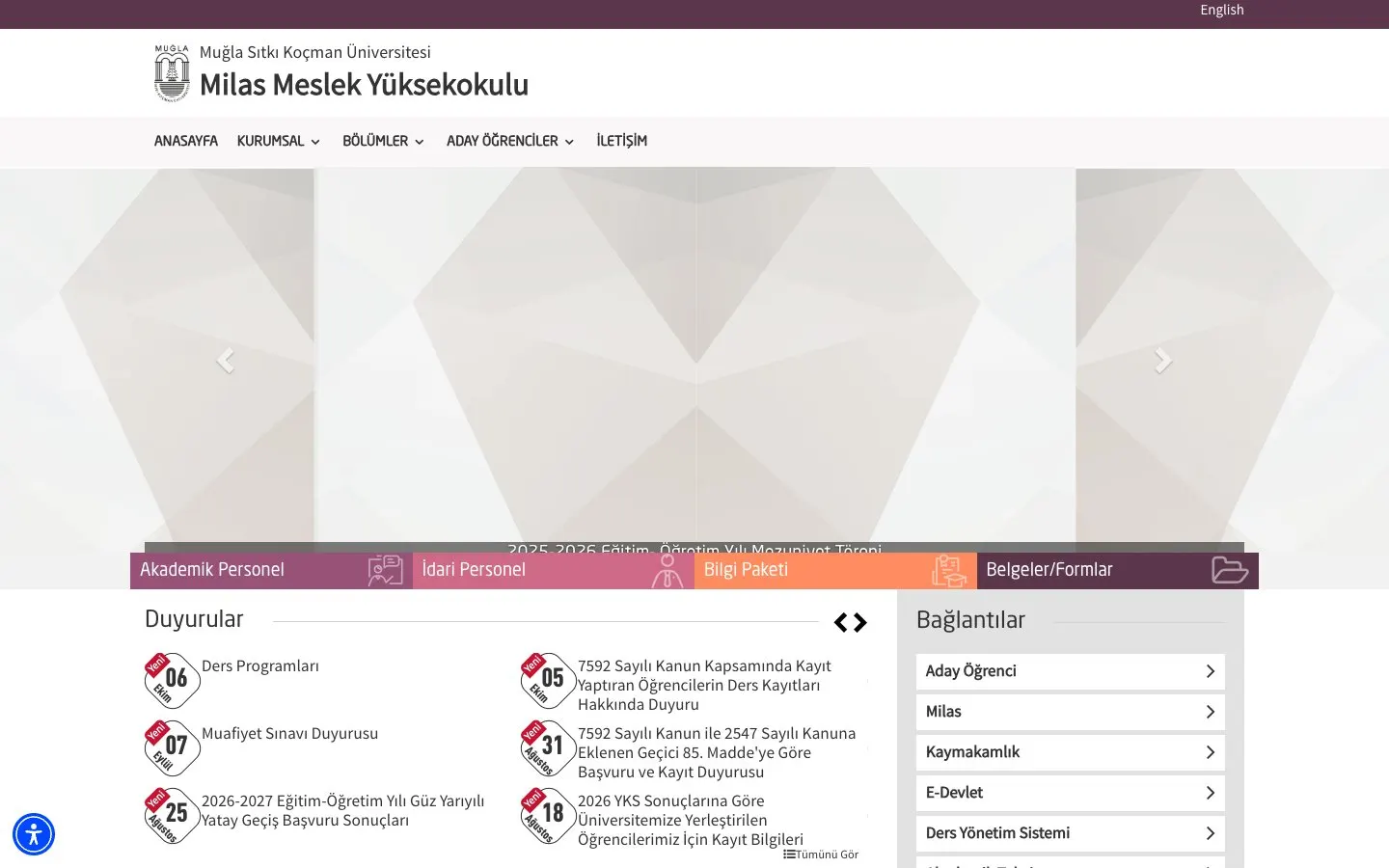 Die Website von Muğla Sıtkı Koçman Üniversitesi – Milas Meslek Yüksekokulu