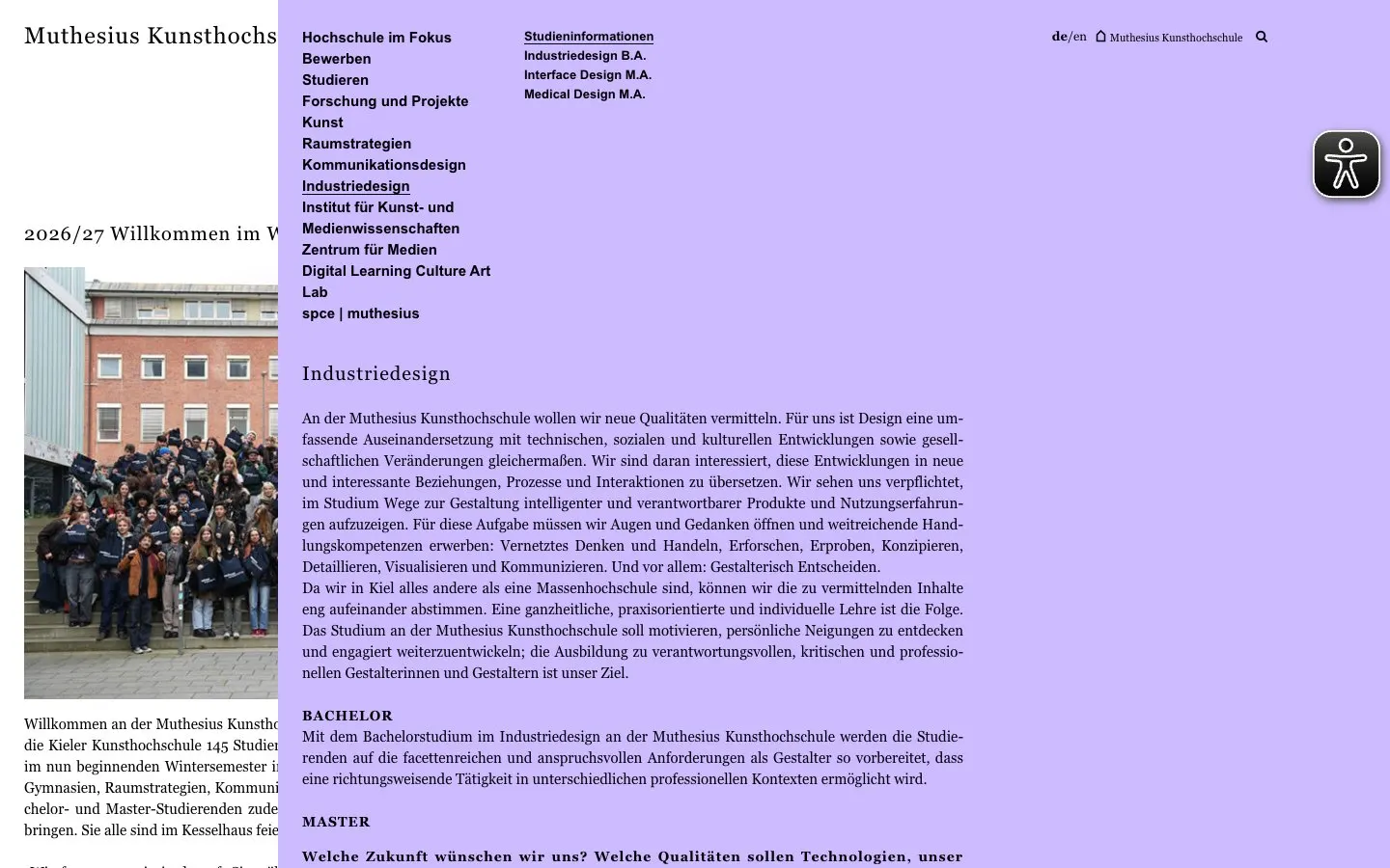 The website of Muthesius Kunsthochschule – Industriedesign