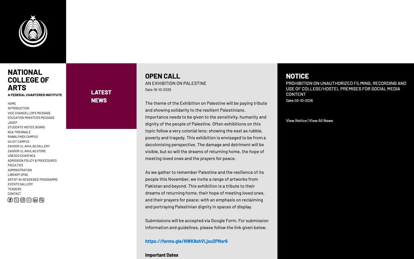 Die Website von National College of Arts (NCA)