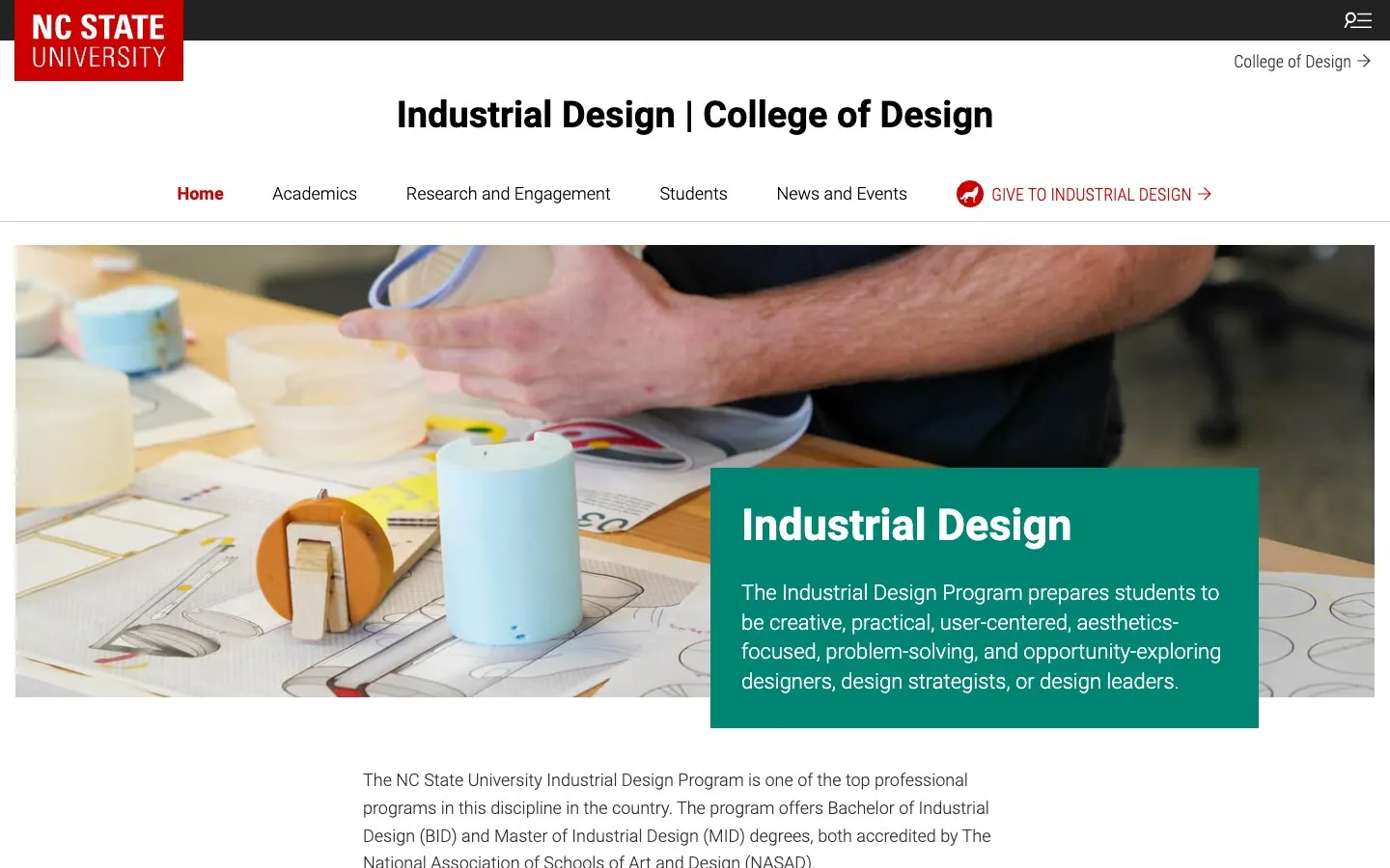 The website of NC State University College of Design – Industrial Design