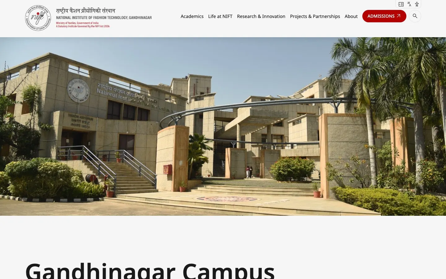 The website of NIFT Gandhinagar