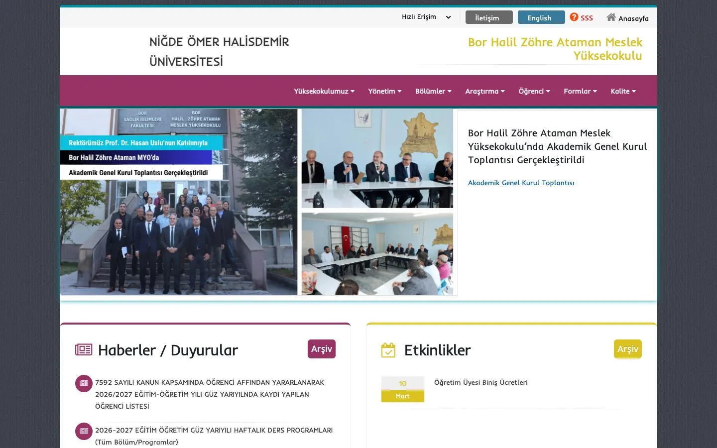 The website of Niğde Ömer Halisdemir Üniversitesi – Bor Halil Zöhre Ataman Meslek Yüksekokulu