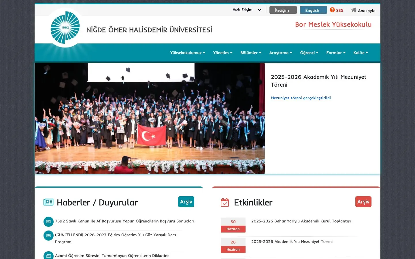 Die Website von Niğde Ömer Halisdemir Üniversitesi – Bor Meslek Yüksekokulu