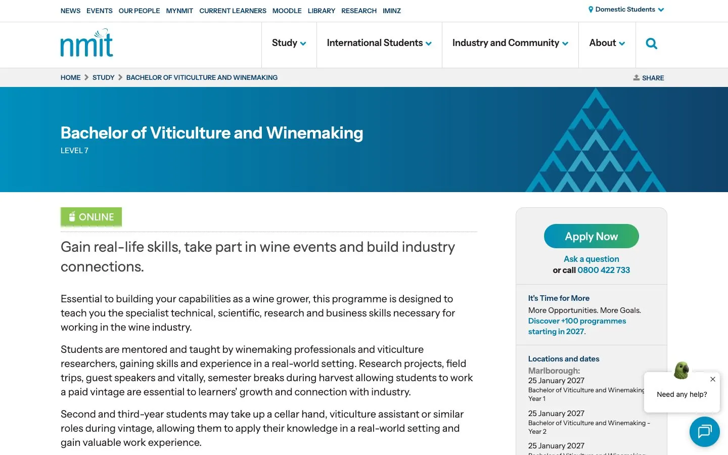 The website of NMIT – Viticulture and Winemaking