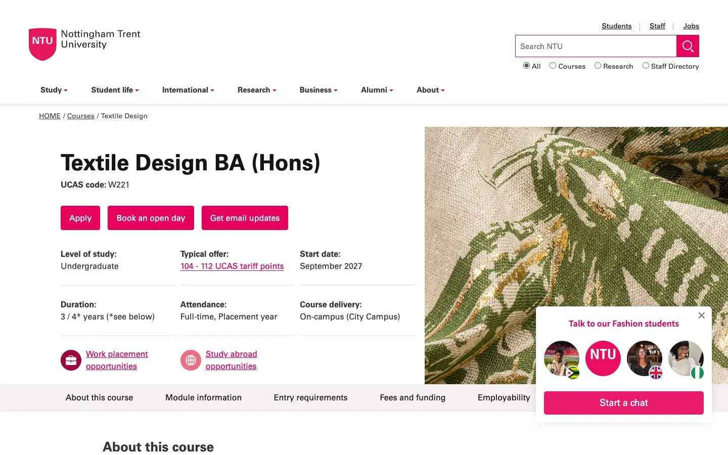 Nottingham Trent University – Fashion, Textile and Product Design की वेबसाइट