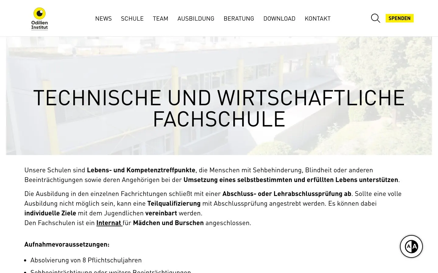 The website of Odilien-Institut – Technische und Wirtschaftliche Fachschule