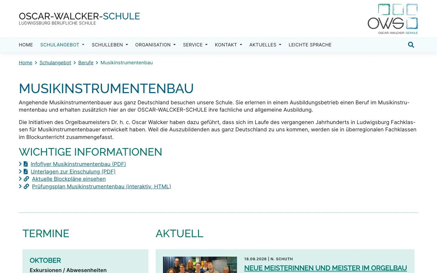 The website of Oscar-Walcker-Schule Ludwigsburg – Musikinstrumentenbau