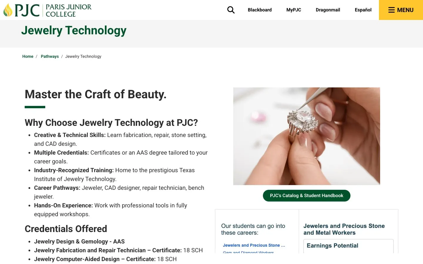 Paris Junior College – Texas Institute of Jewelry Technology की वेबसाइट