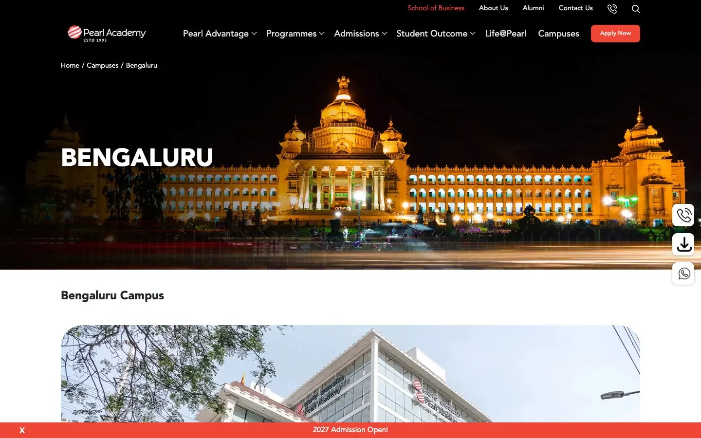 The website of Pearl Academy Bengaluru