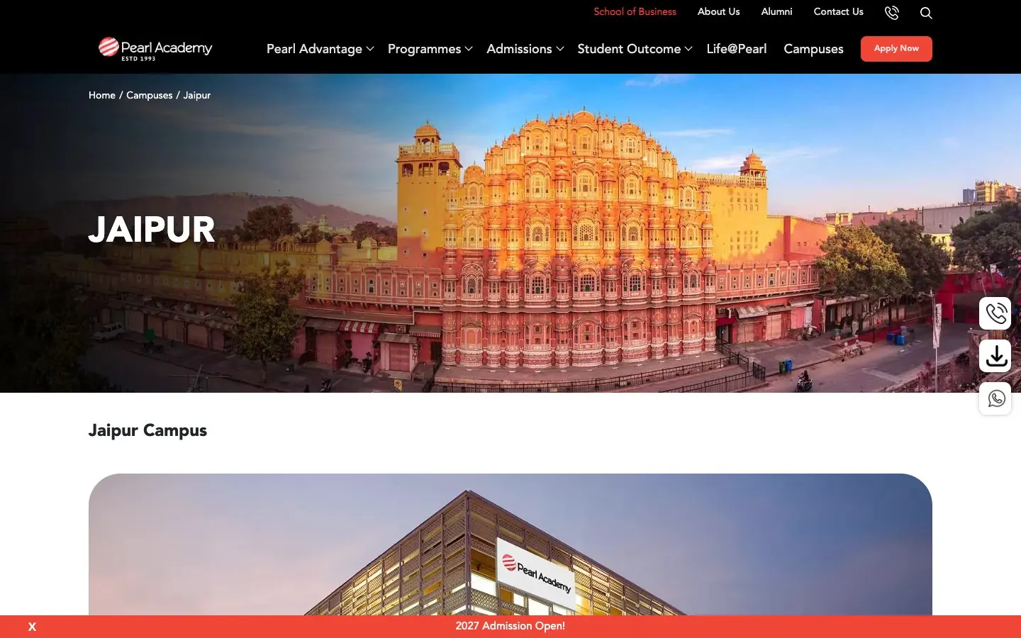 The website of Pearl Academy Jaipur
