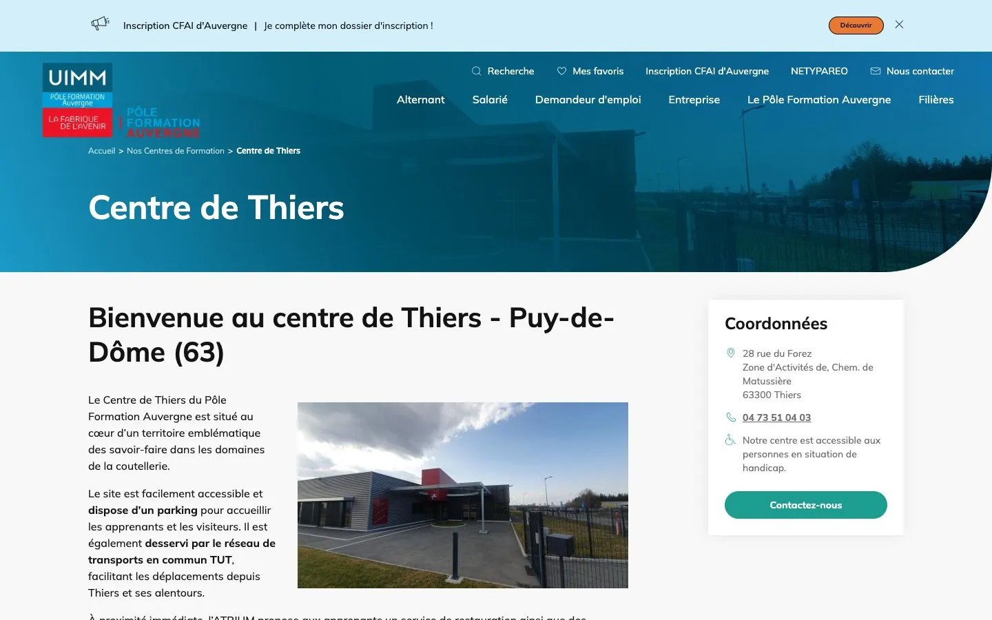 The website of Pôle Formation Auvergne – Centre de Thiers