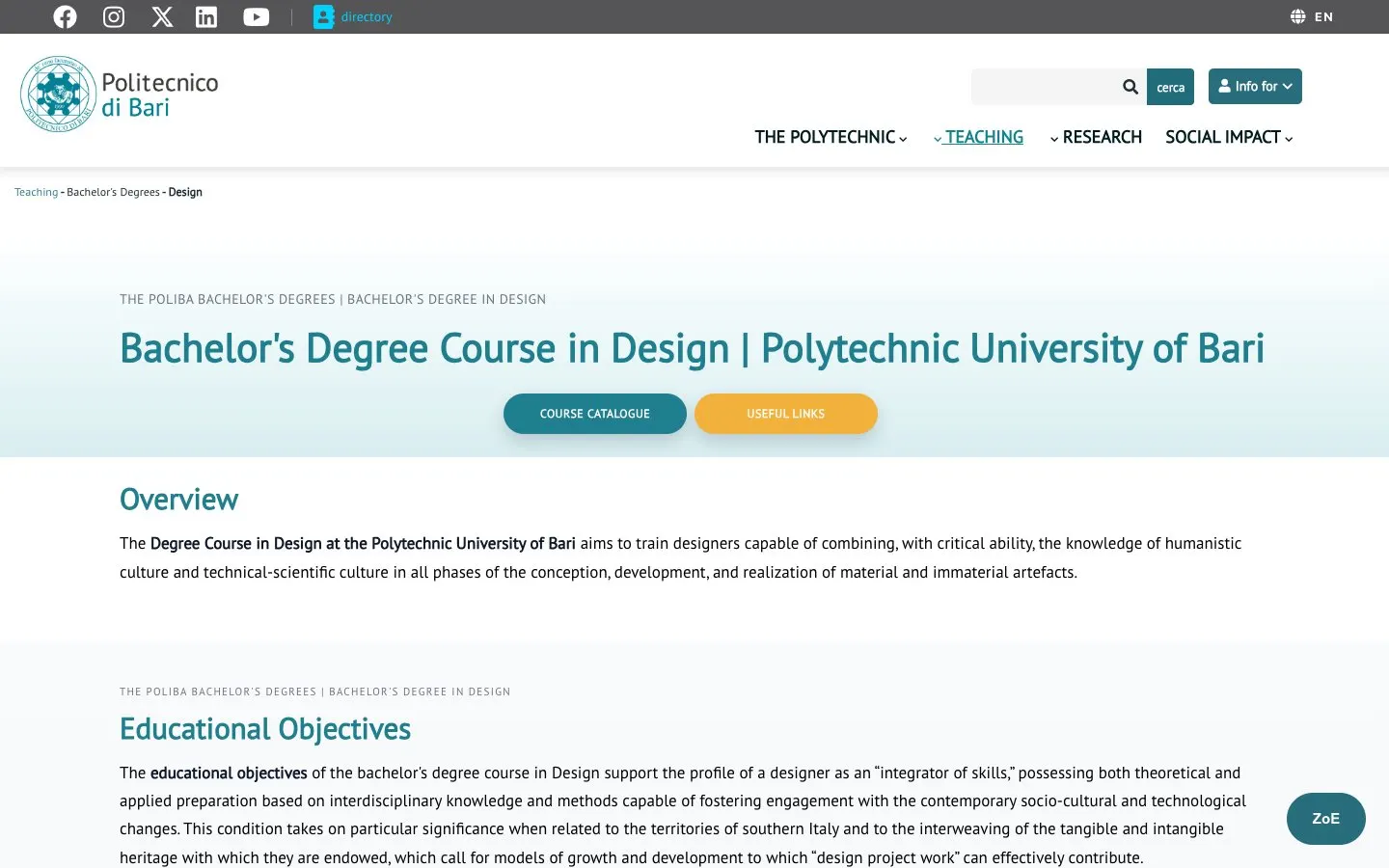 The website of Politecnico di Bari – Design