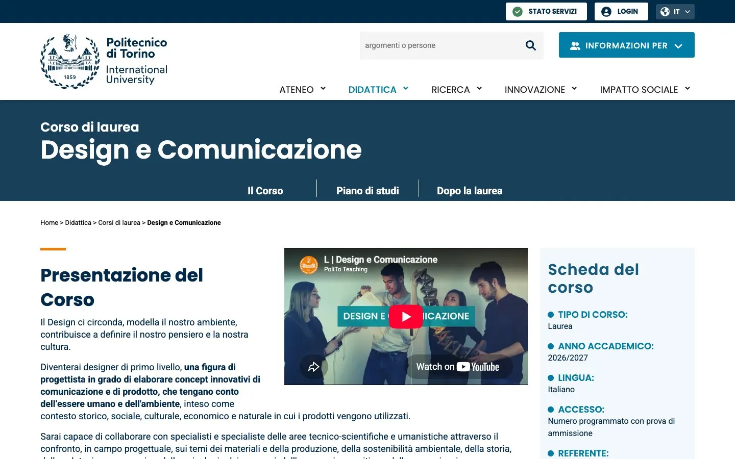 الموقع الإلكتروني لـ Politecnico di Torino – Design e Comunicazione