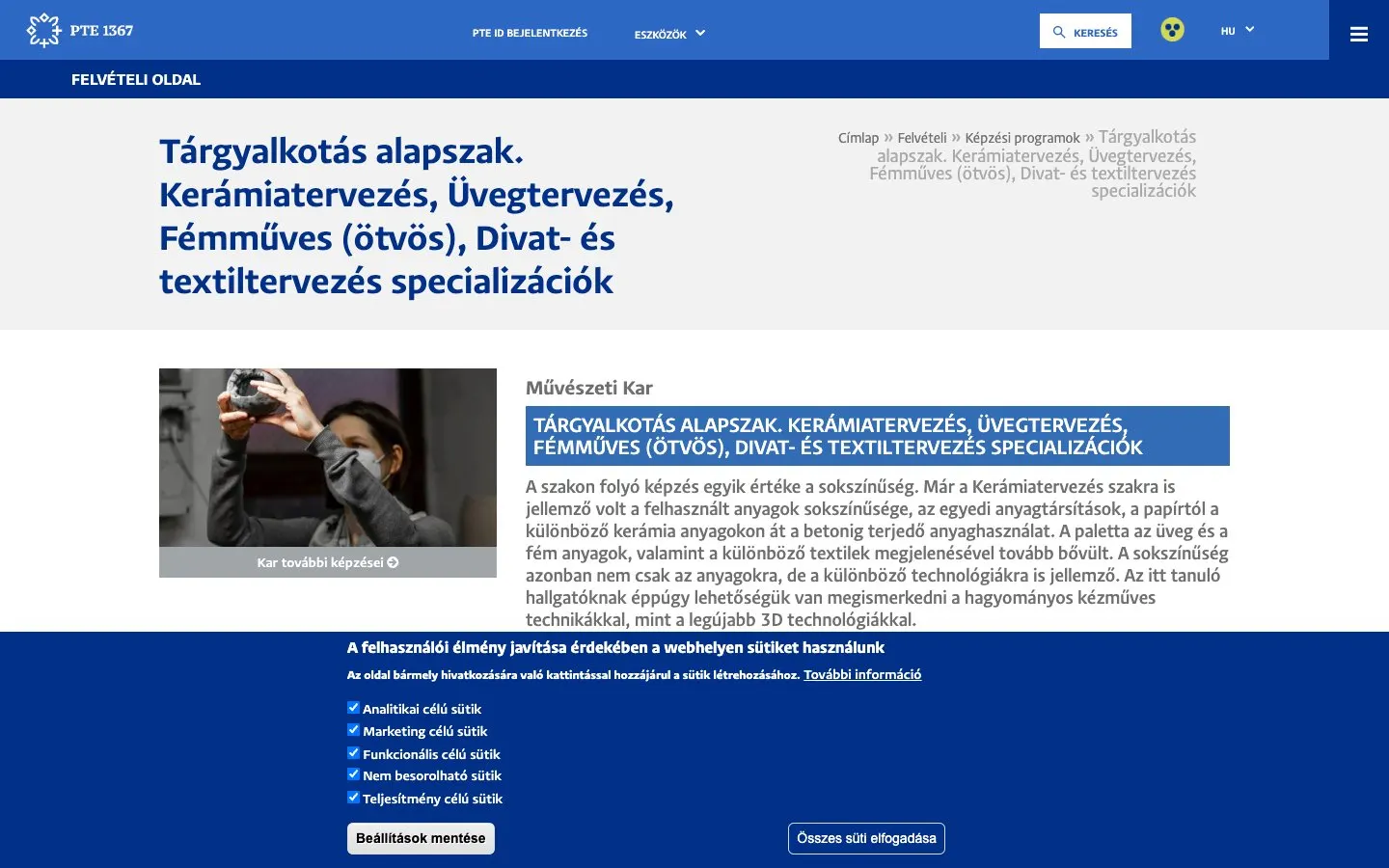 The website of PTE Művészeti Kar – Tárgyalkotás