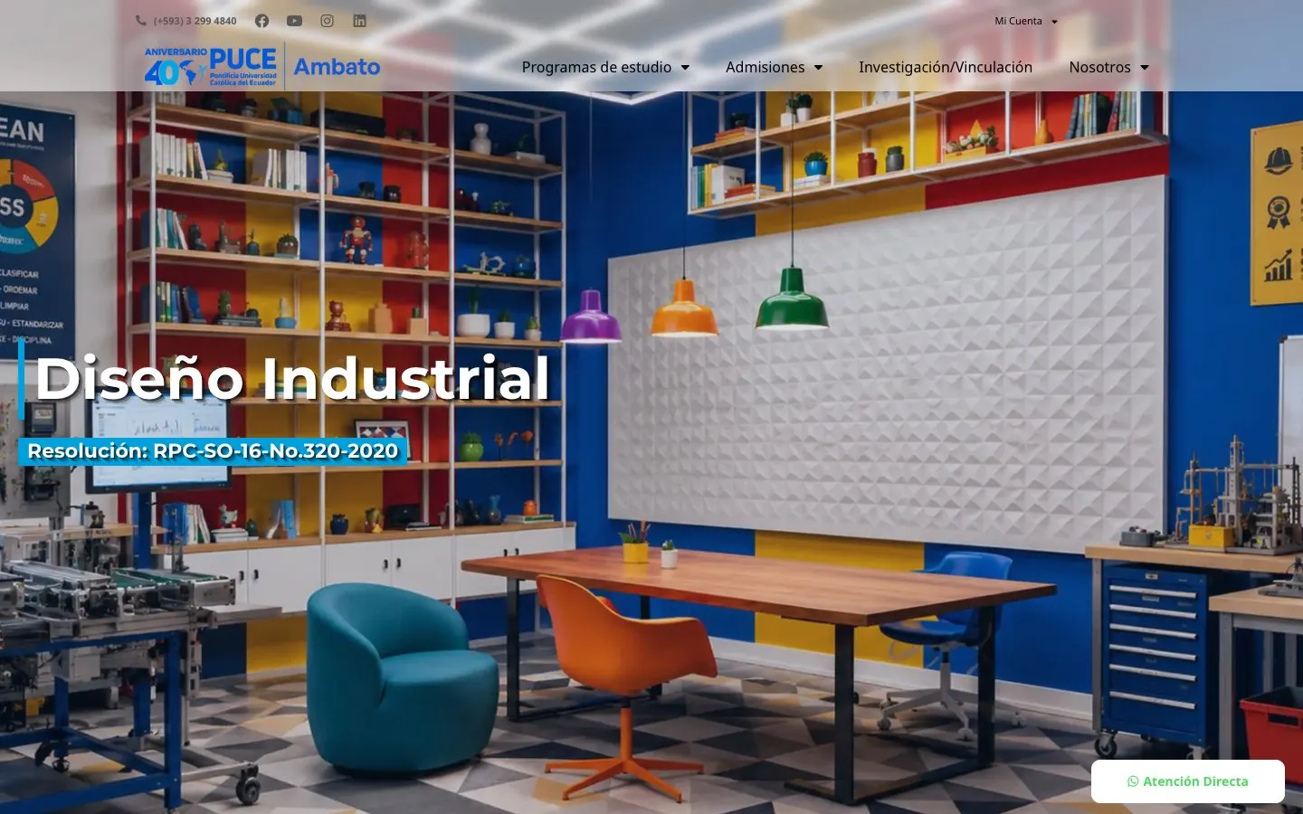 The website of PUCE Sede Ambato – Diseño Industrial