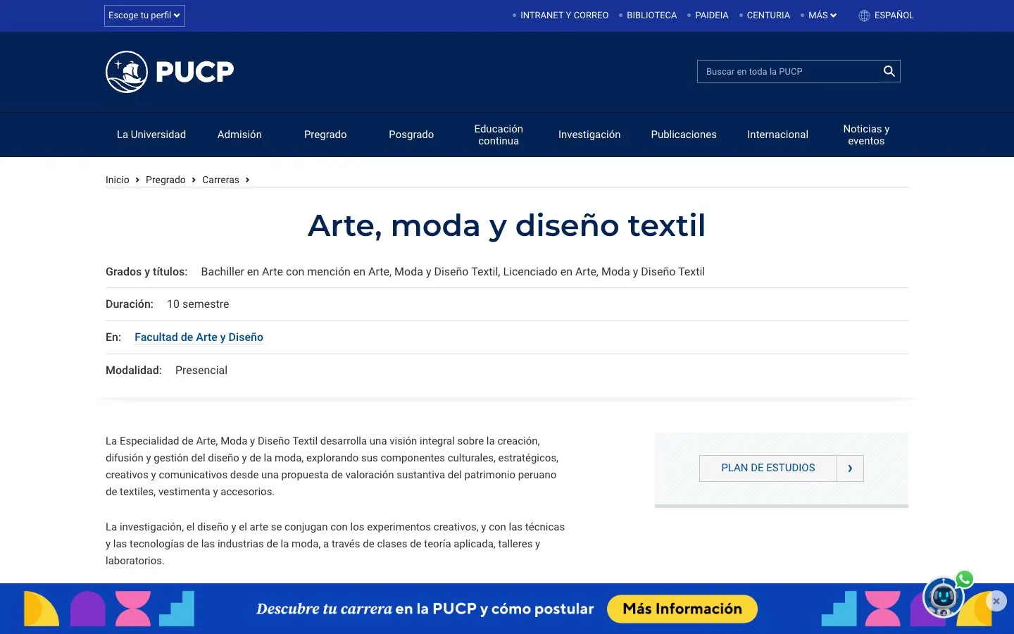 The website of PUCP – Facultad de Arte y Diseño