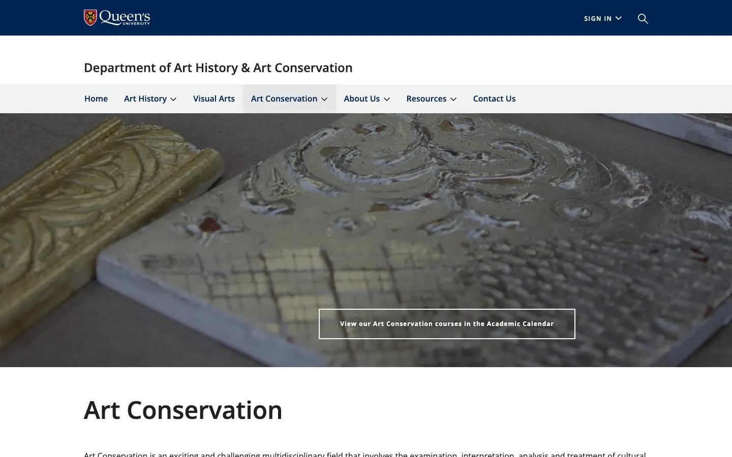 The website of Queen's University – Art Conservation