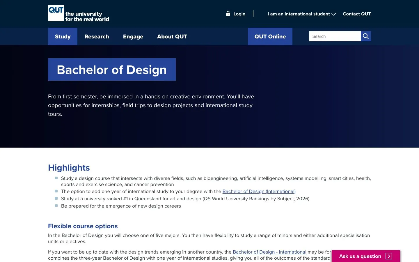 The website of QUT – Fashion Design and Industrial Design