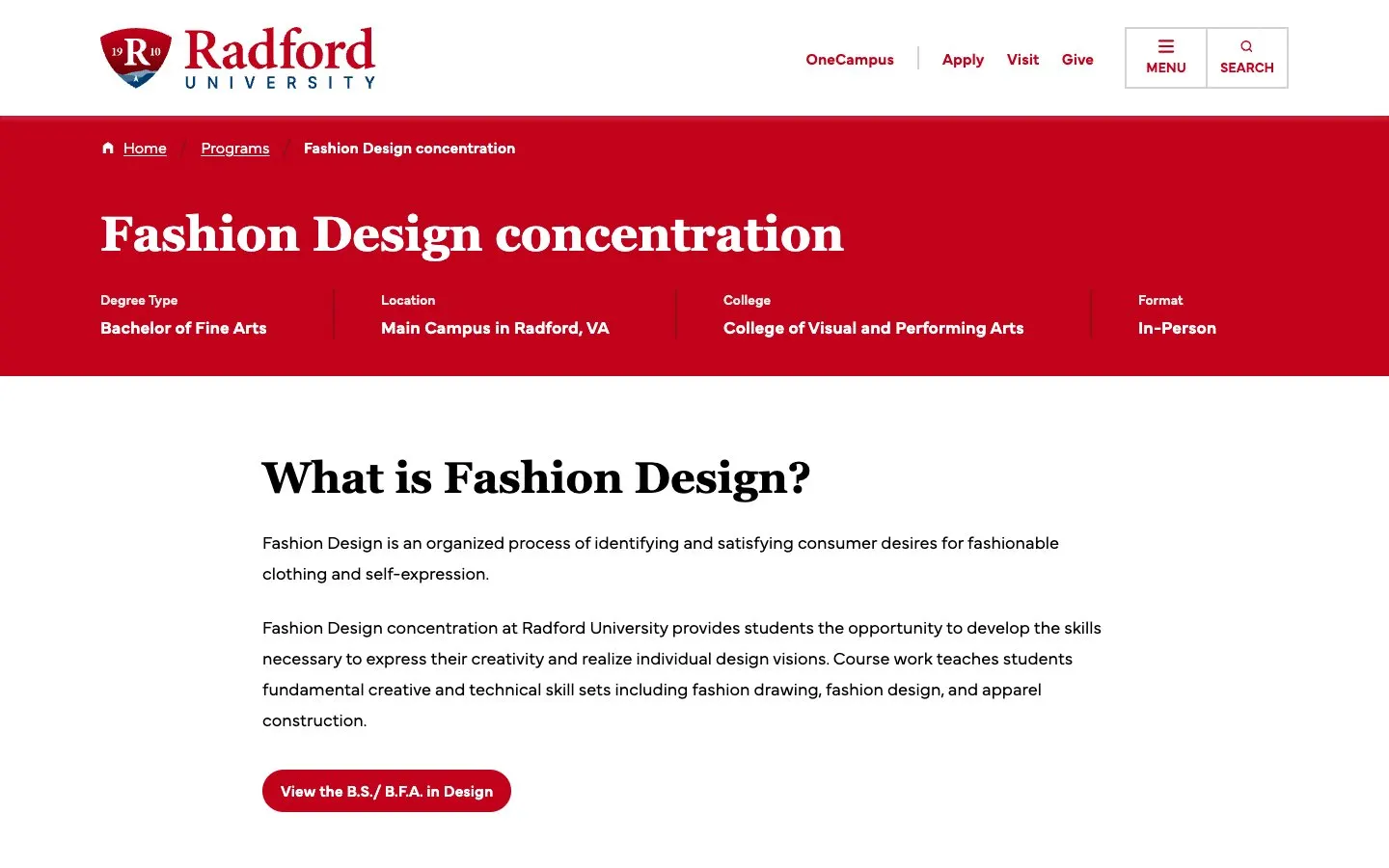 Die Website von Radford University – Department of Design (Fashion Design)