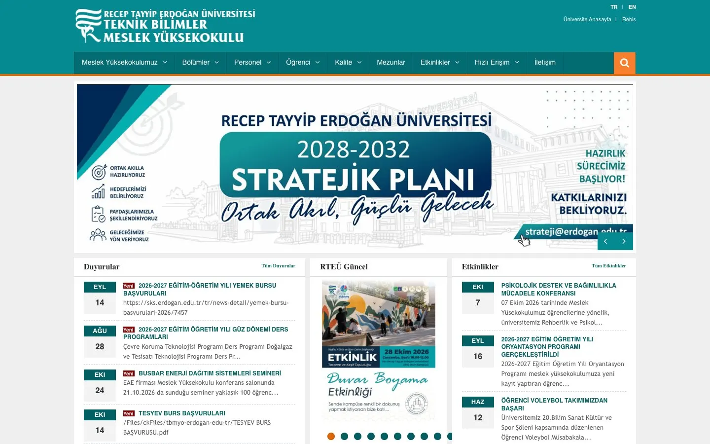 El sitio web de Recep Tayyip Erdoğan Üniversitesi – Teknik Bilimler Meslek Yüksekokulu