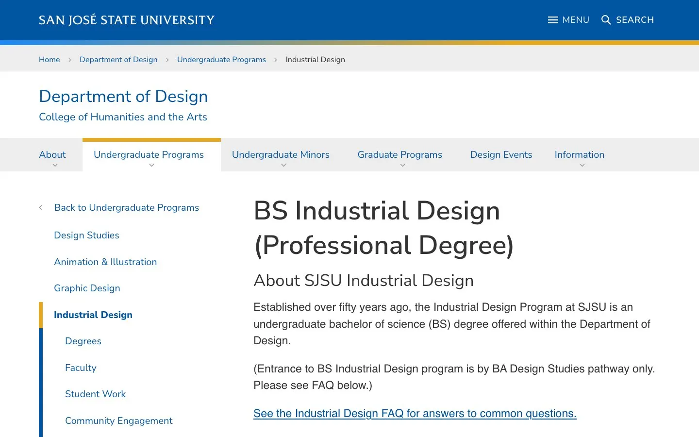 The website of San José State University – Industrial Design