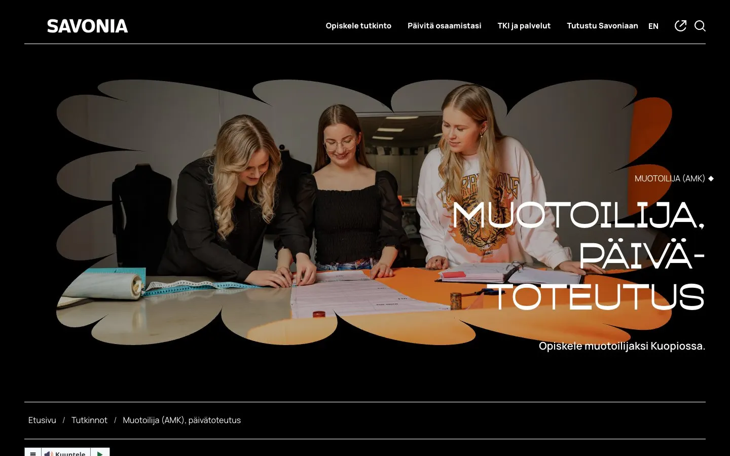 The website of Savonia University of Applied Sciences – Design