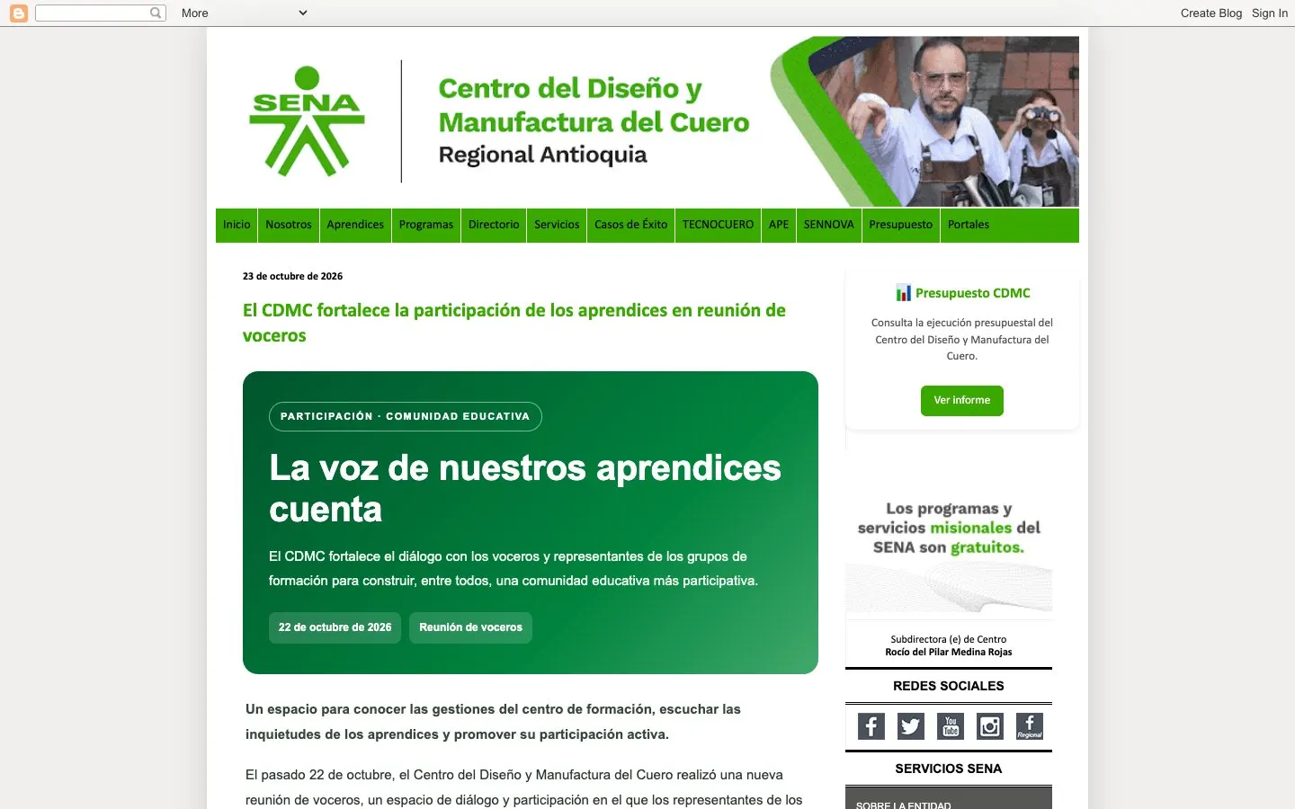 The website of SENA – Centro de Diseño y Manufactura del Cuero