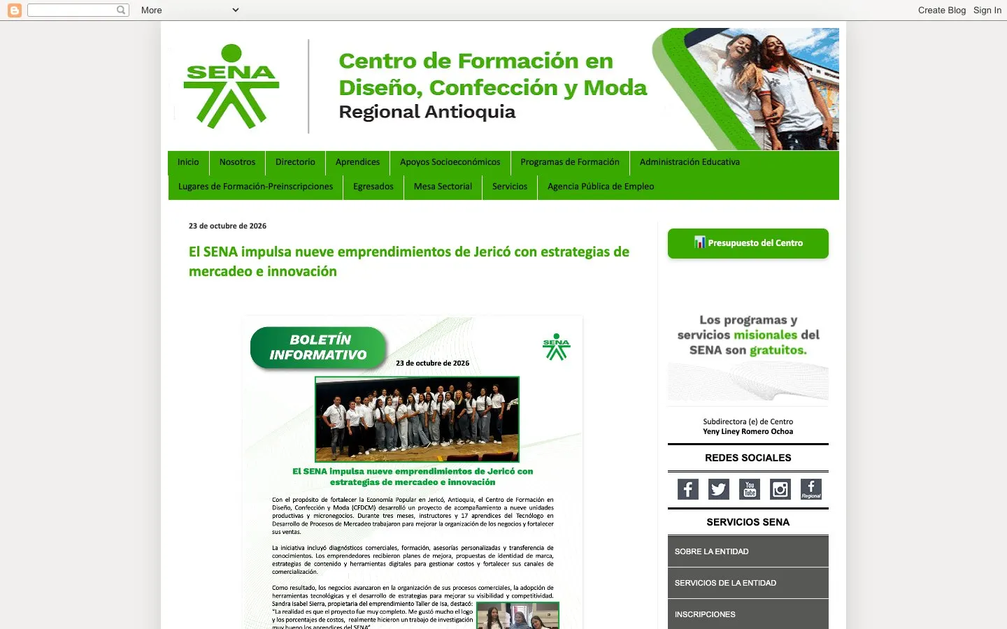 The website of SENA – Centro de Formación en Diseño, Confección y Moda