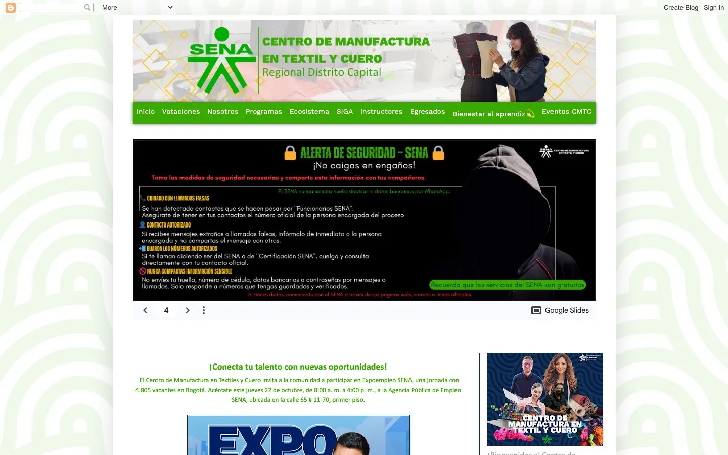 The website of SENA – Centro de Manufactura en Textil y Cuero