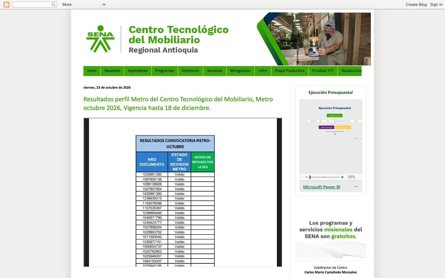 The website of SENA – Centro Tecnológico del Mobiliario