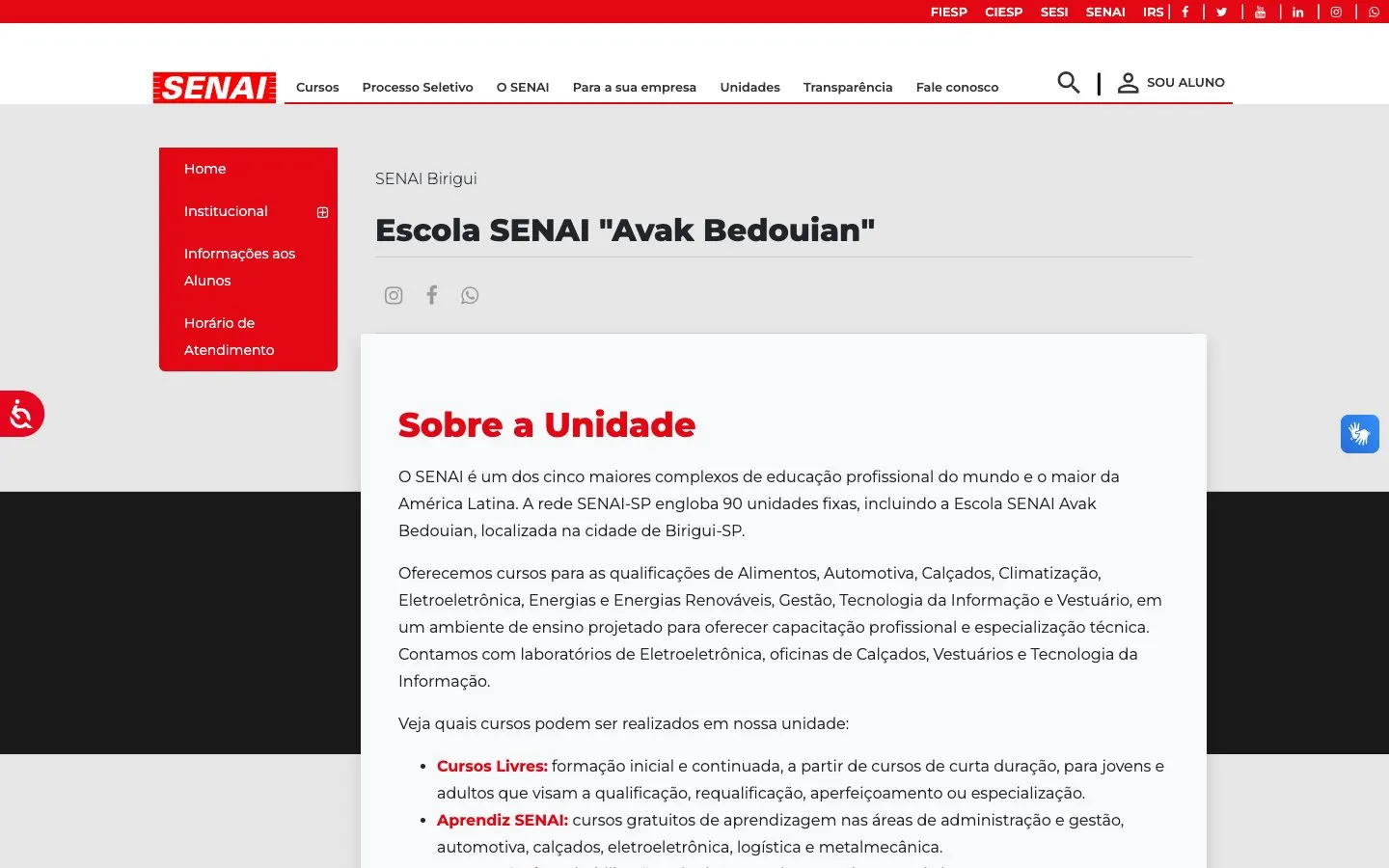 The website of SENAI Birigui – Escola SENAI Avak Bedouian