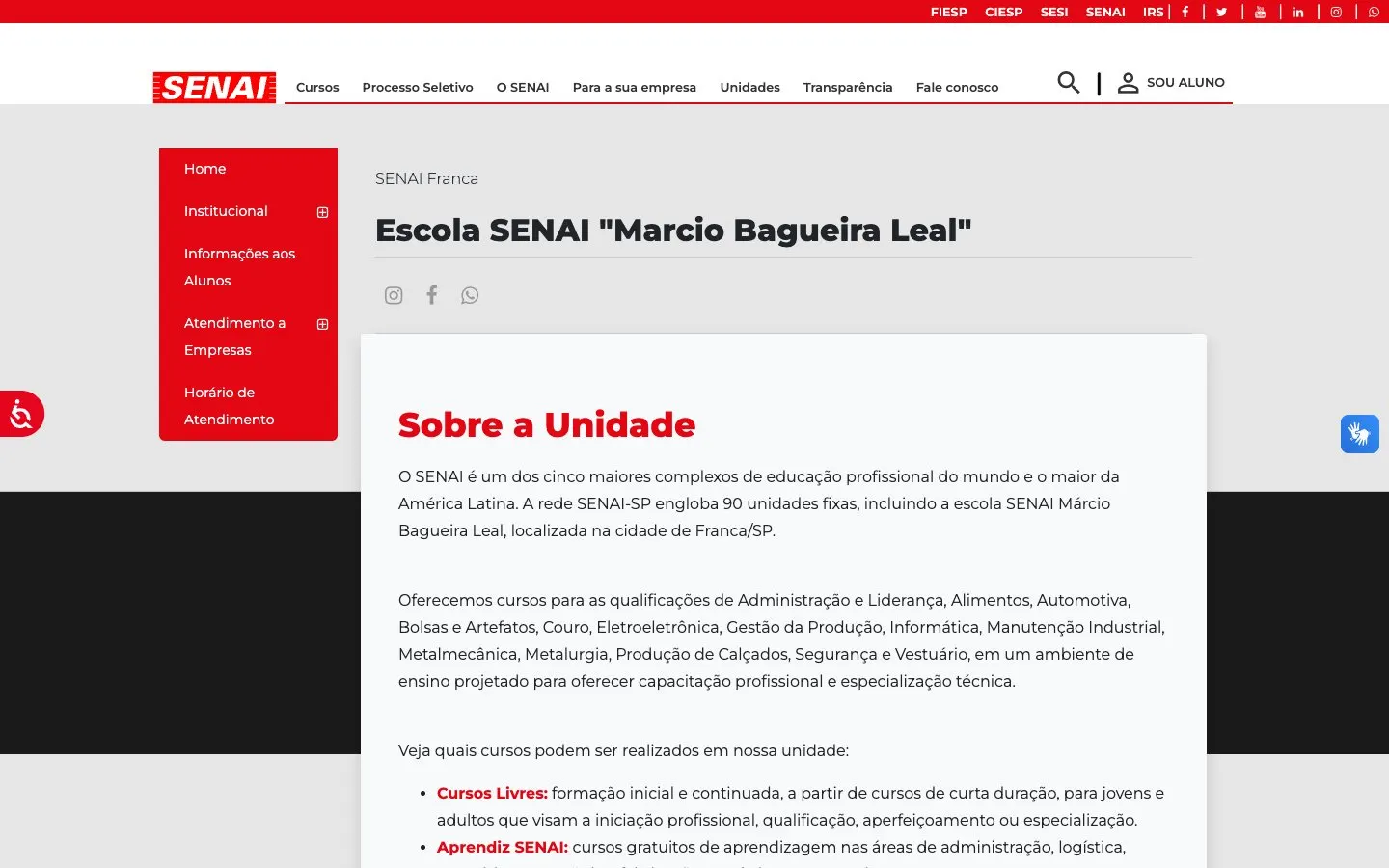 The website of SENAI Franca – Escola SENAI Márcio Bagueira Leal