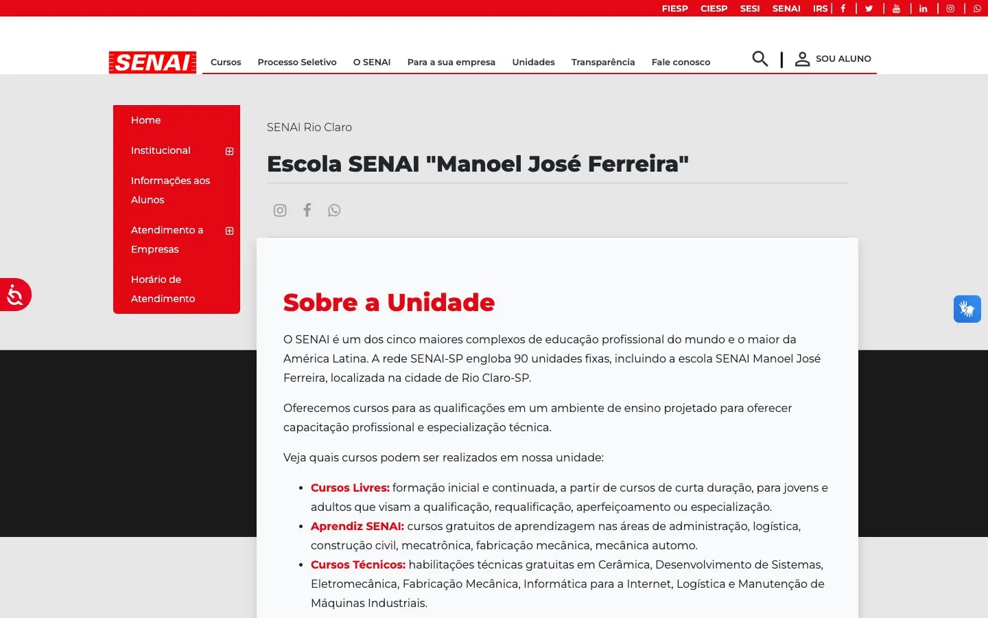 The website of SENAI Rio Claro