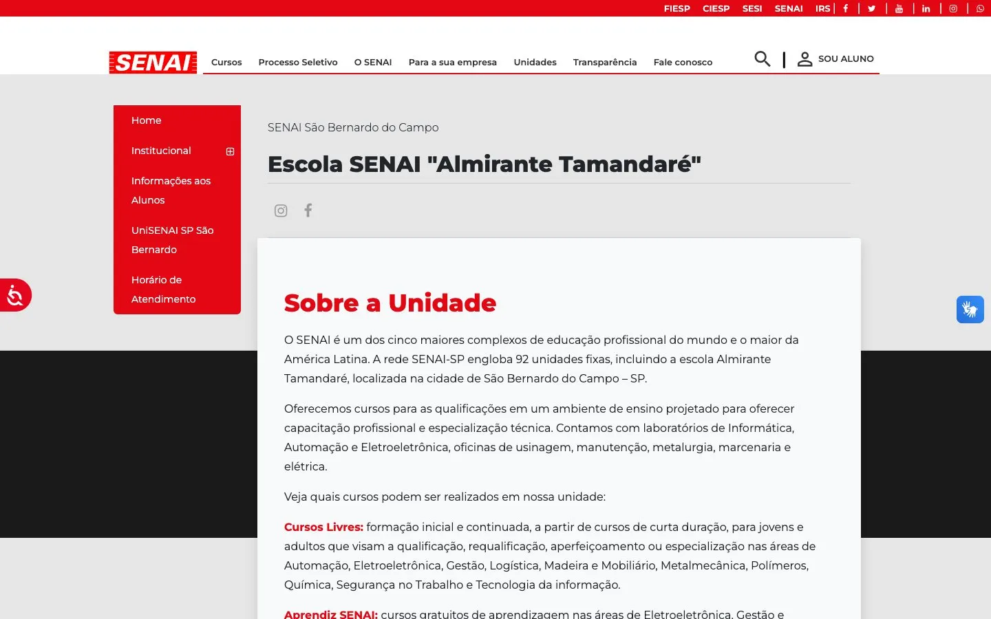 The website of SENAI São Bernardo do Campo