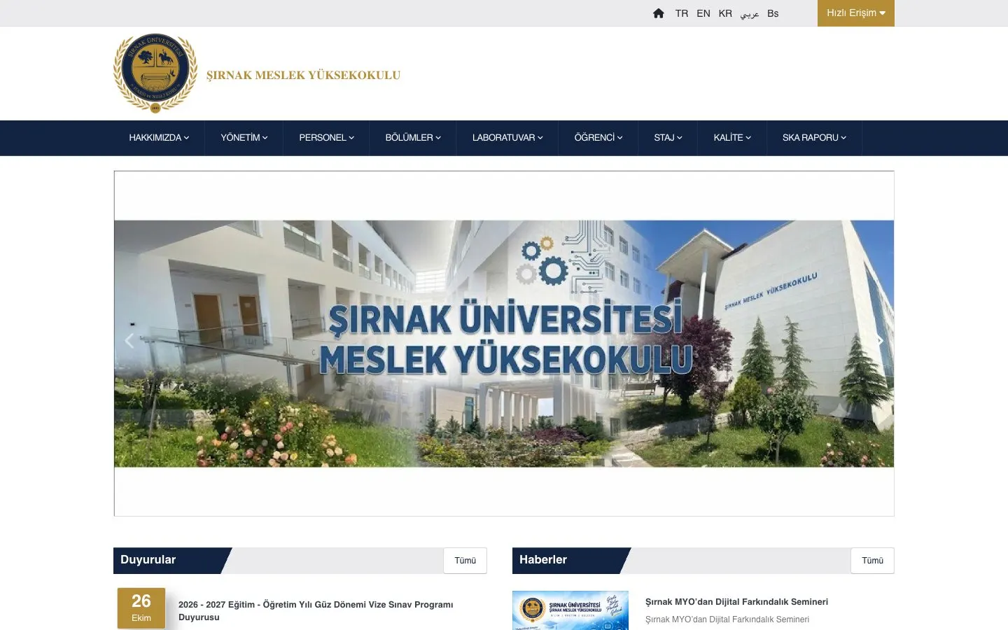 The website of Şırnak Üniversitesi – Şırnak Meslek Yüksekokulu