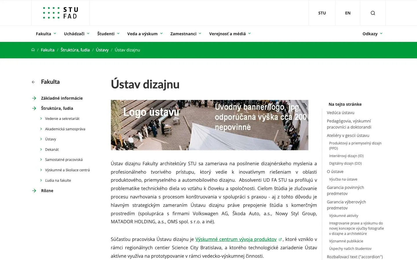 The website of Slovak University of Technology, Faculty of Architecture and Design – Institute of Design