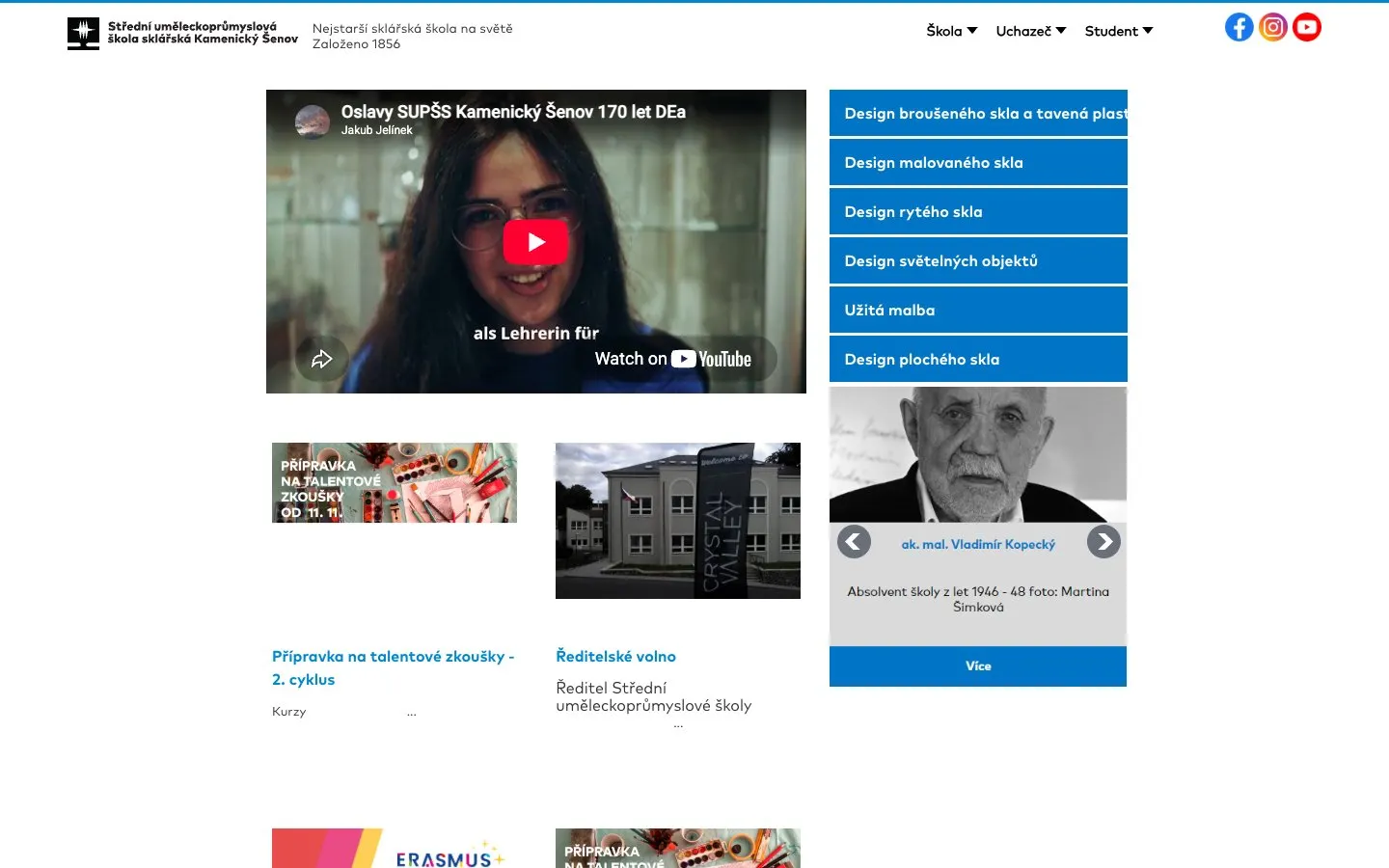 The website of SUPŠ sklářská Kamenický Šenov