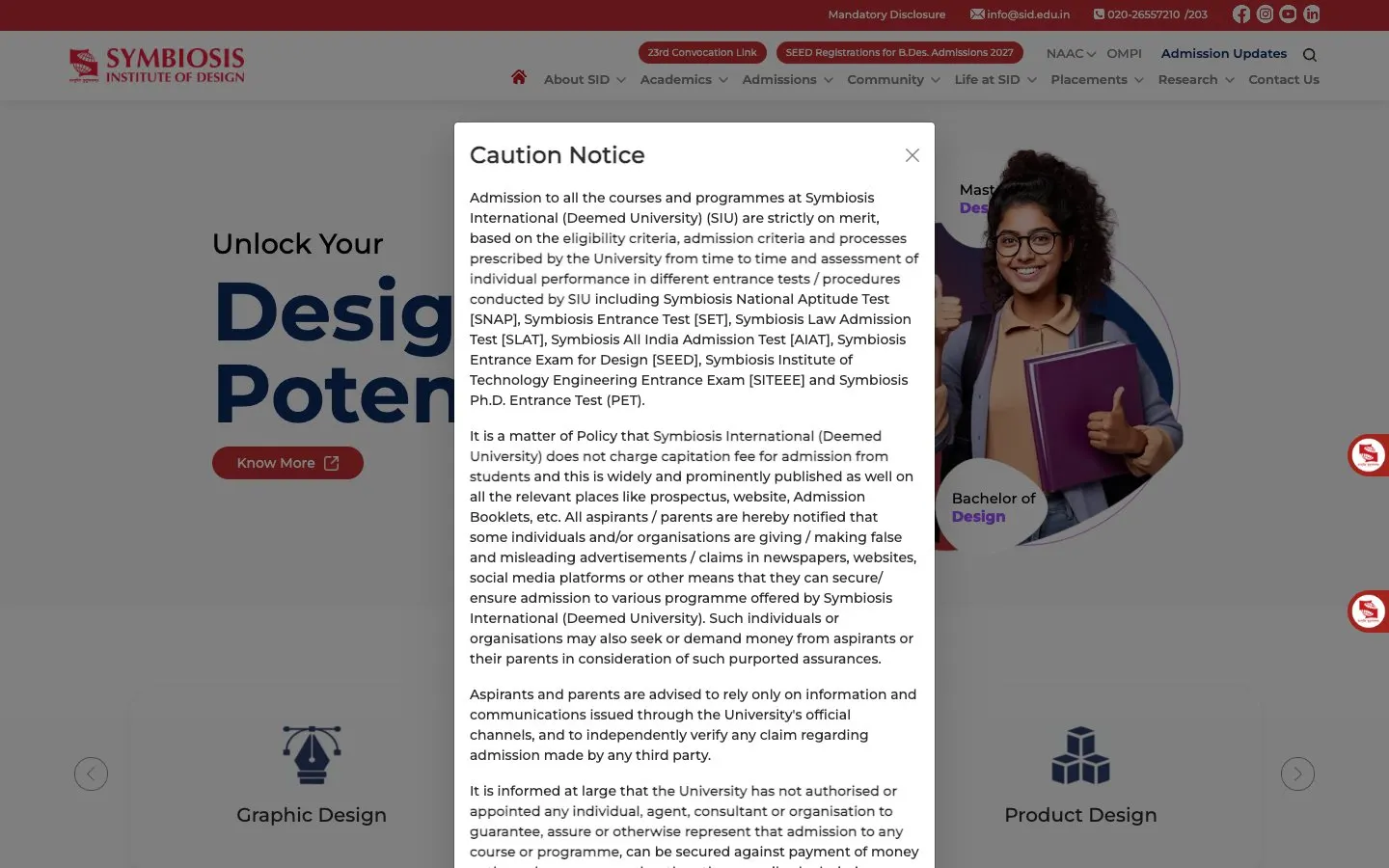The website of Symbiosis Institute of Design