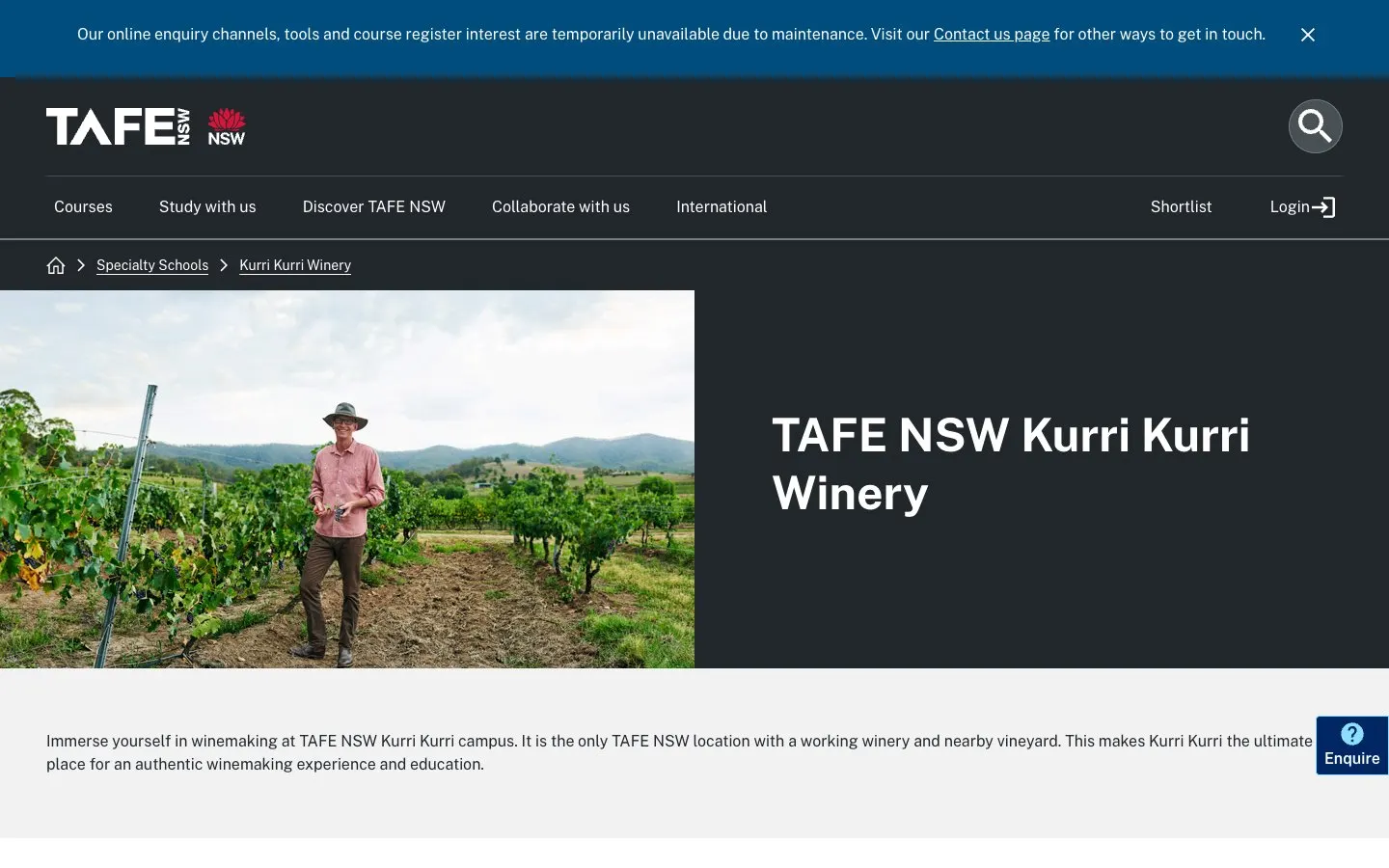 The website of TAFE NSW – Kurri Kurri Winery